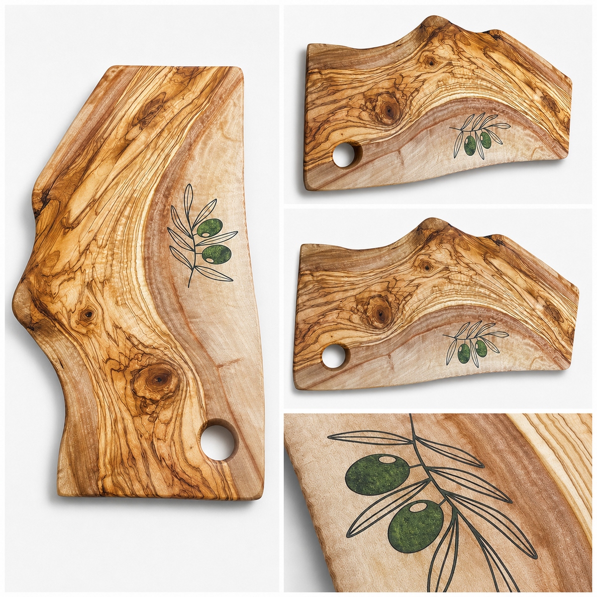 Wooden cutting boards with olive designs on a white background