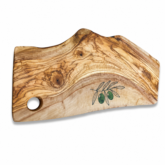 Personalized olive wood charcuterie board with olive branch engraving, green epoxy inlay, olives, and close-up detail