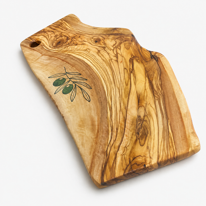 Wooden cutting board with olive design on a white background
