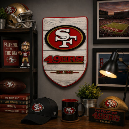 San Francisco 49ers wood shield displayed in man cave football decor setting