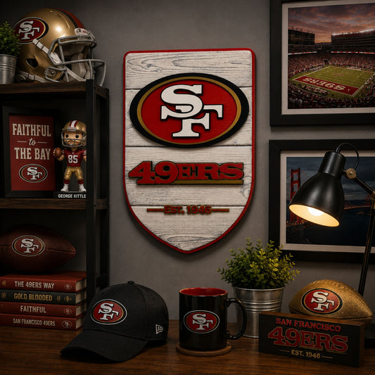 San Francisco 49ers wood shield displayed in man cave football decor setting