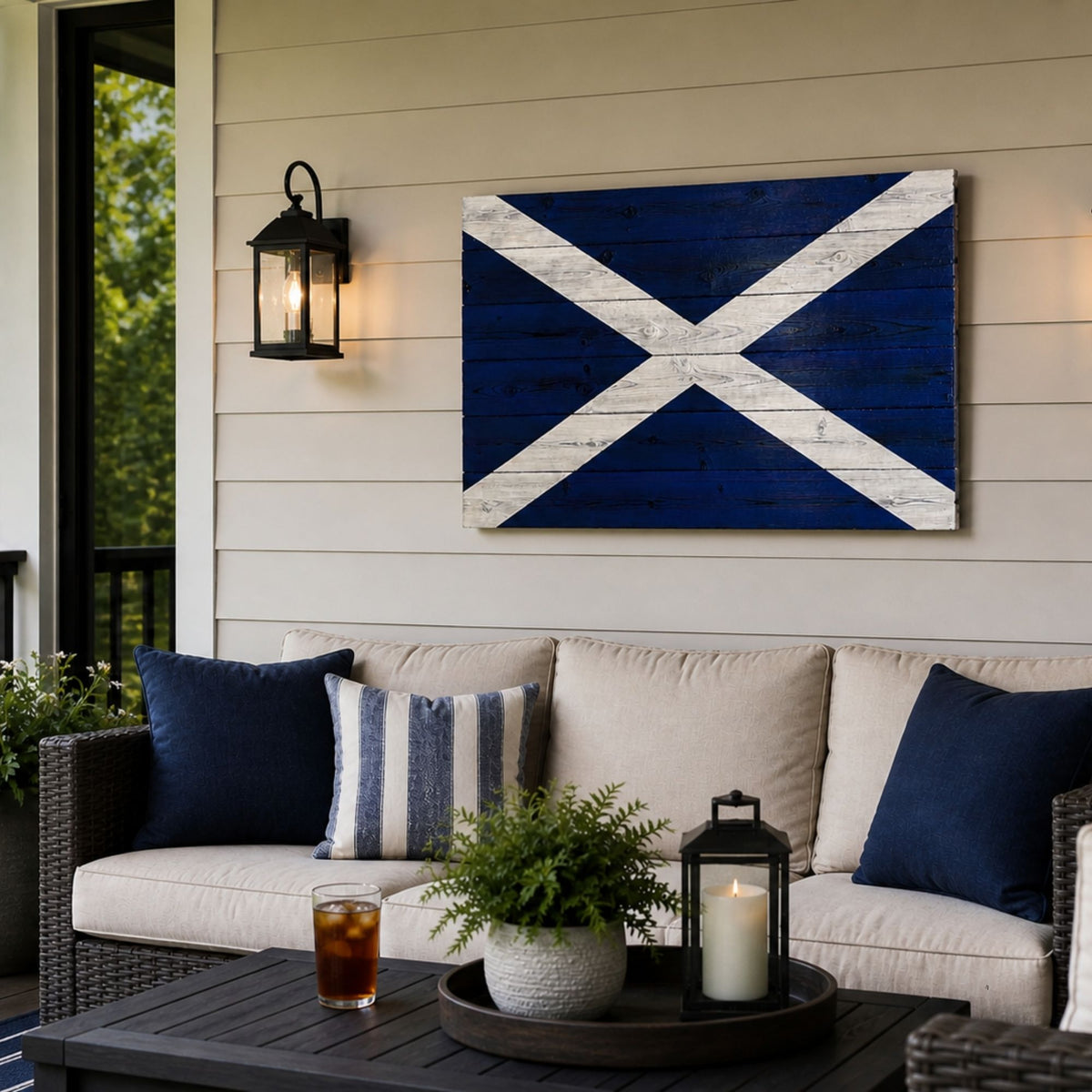 Scottish wood flag wall art displayed on patio seating area blue and white saltire decor