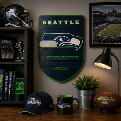 Seattle Seahawks wood shield displayed in man cave football decor setting