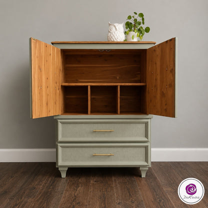 Refinished Sage Green Cabinet Dresser with Wood Top