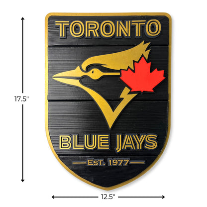 handmade Toronto Blue Jays black and gold wood shield front view