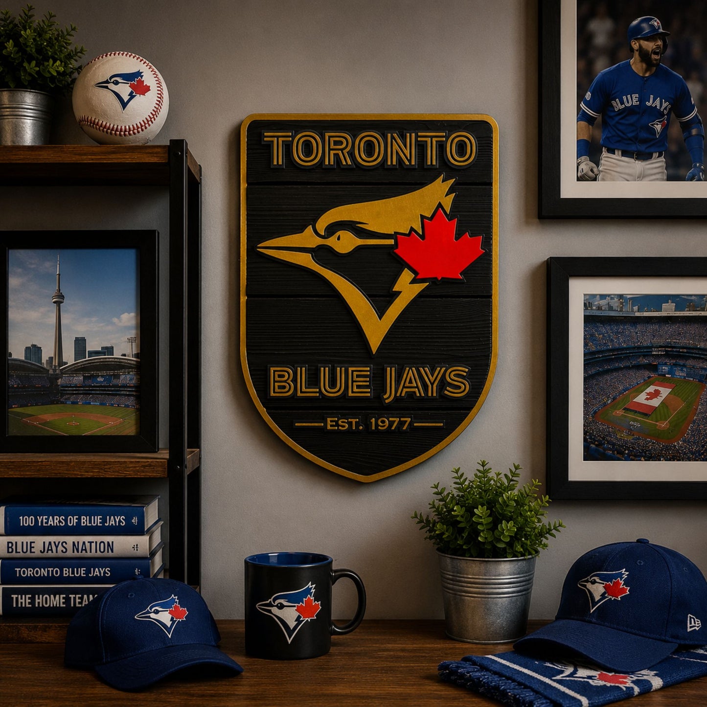 Toronto Blue Jays black and gold shield displayed in man cave decor setting