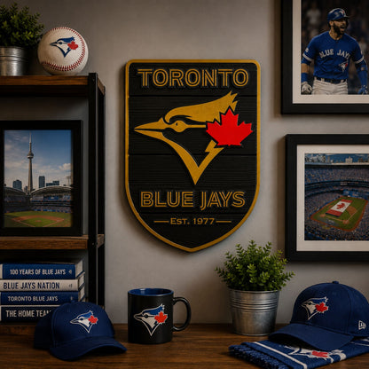 Toronto Blue Jays black and gold shield displayed in man cave decor setting