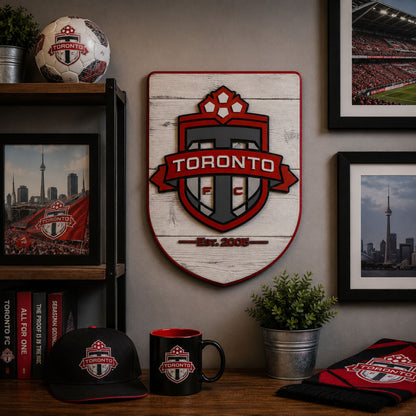 Toronto FC wood shield displayed in man cave soccer wall decor setting