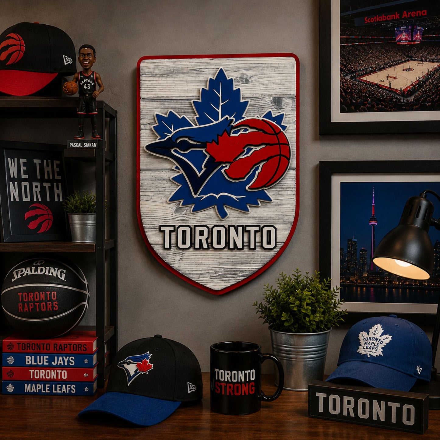 toronto sports sign with baseball blue jays, maple leafs and raptors lifestyle image on desk