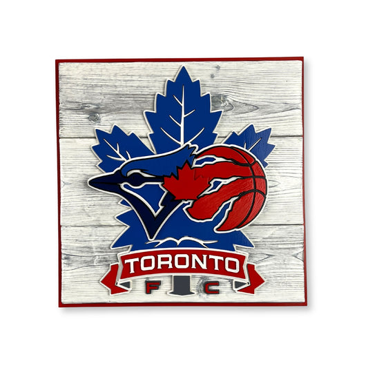 Toronto sports square wood sign featuring Blue Jays Raptors Maple Leafs and TFC wall art
