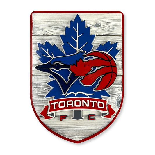 Toronto sports wood sign featuring Blue Jays Raptors Maple Leafs and TFC wall art