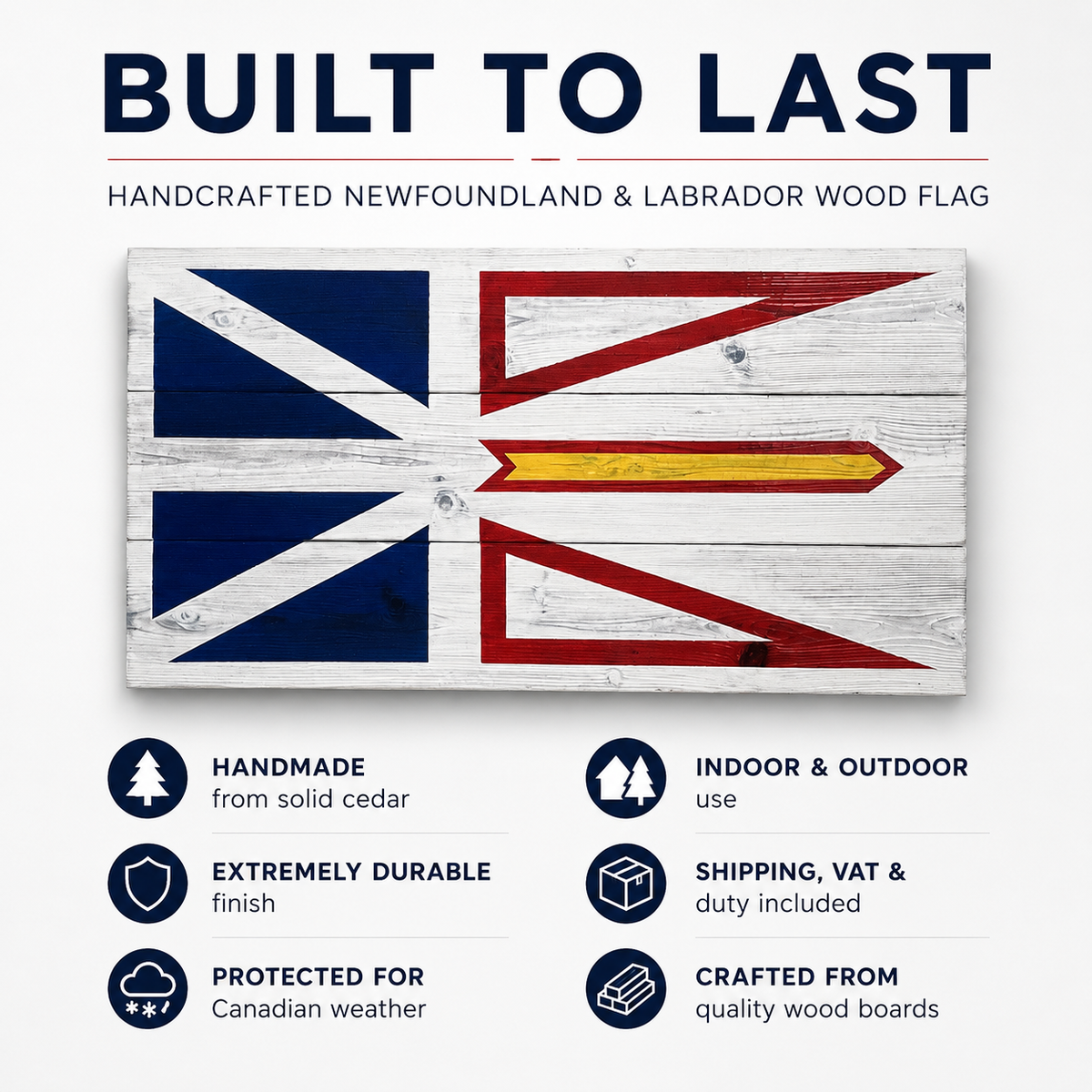 Wooden Newfoundland and Labrador flag with text about its features on a white background